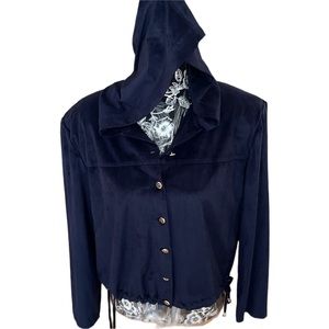 ST. John Sportswear Large Navy faux suede bomber jacket with hood gold details